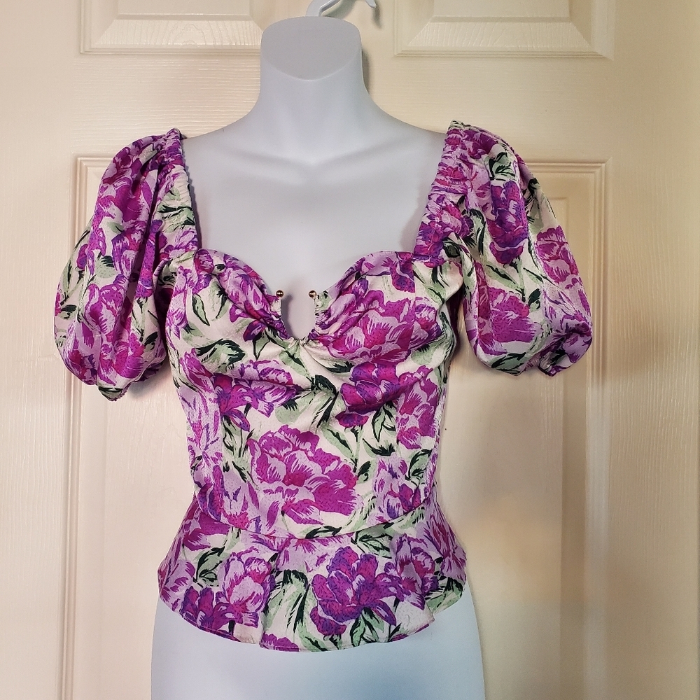 WAYF Floral Ruffled Top Pink Off-the-Shoulder Smoked Crop Baloon Sleeves Size XS